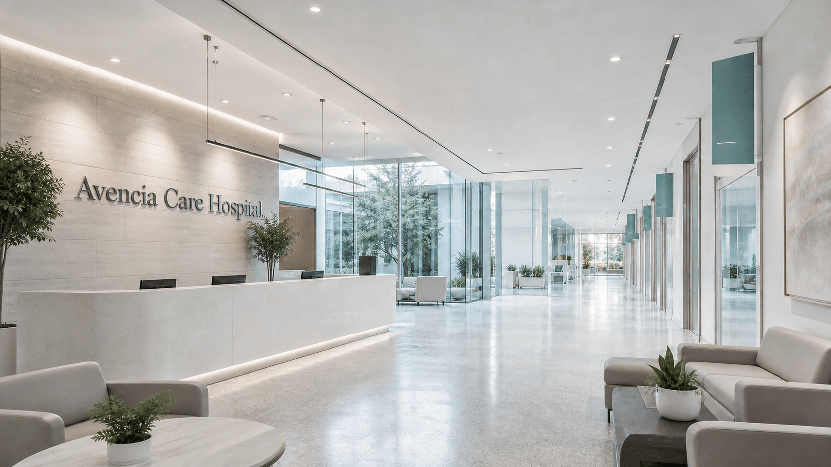 A serene modern hospital lobby with Avencia Care signage
